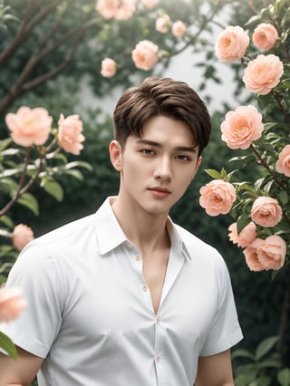 masterpiece, 1 Man, Handsome, Look at me, Brown eyes, Short hair, Oil head, White shirt, 22 years old, Outdoor, Garden, Peach tree, Flying petals, textured skin, super detail, best quality