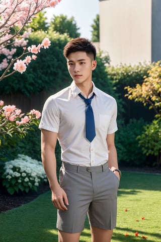 masterpiece,1 boy,Young,Handsome,Look at me,Short hair,Tea hair,Students,White shirt,Striped tie,Gray shorts,Stand,Outdoor,Garden,Peach tree,Flying petals,Light and shadow,HDR,textured skin,super detail,best quality,