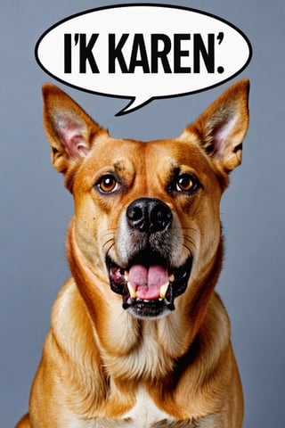 Photo of angry dog with text bubble that says "I hate Karen", 