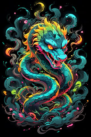 stamp vector for t-shirt, snake character, strong lines, lit neon palette, neo-traditional, badass, hipster, graffiti, underground, badass, noir