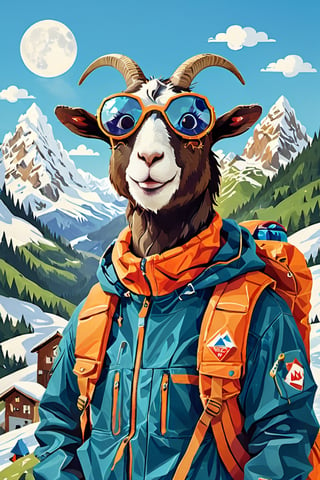 Ilustration,carton pollar goat head, with ski goggles in which mountains are reflected,wearing a mountain jacket, withoud goat eye,Mario Real - SDXL 1.0,more detail XL