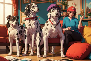 a dalmatian wearing cap, a trophy, a pet seat cushion, pet toys, living room(best quality,masterpiece,EpicArt,xjrex,(best quality,insertNameHere, masterpiece)