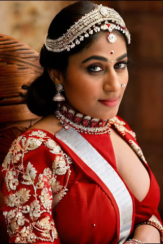 historical movie still, Indian (noble lady) sitting on the chair, collar, long sleeves,  small breasts, medieval  dress, cleavage, (detailed eyes), round boobs, navels, detailed face, red blouse with intricate embroidery at the neckline and cuffs with suit in front, very attractive, very sexy, line,thick lips, red lips, pure face,  voluptuous, round ass,   decent  pose, tall, super sexy,   sensual, round breast, princess, queen, goddess, NSFW,indian saree,Saree,Indian