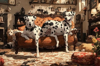 a dalmatian wearing crown, a hat, a pet seat cushion, pet toys, Glasses, living room(best quality,masterpiece,EpicArt,xjrex,(best quality,insertNameHere, masterpiece)