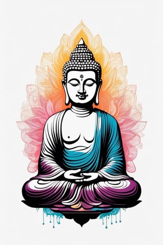 Vintage tshirt print design (on a white background:1.2), Retro Silhouette drawing of a indian Buddha idol from the front, with colors ink pop art blackground,delicate,filigram,centered,intricate details,high resolution,4k, illustration style,Leonardo Style