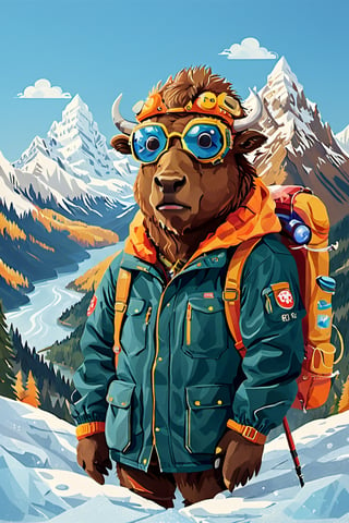 Ilustration,carton pollar bison head, with ski goggles in which mountains are reflected,wearing a mountain jacket, withoud bison eye,Mario Real - SDXL 1.0,more detail XL