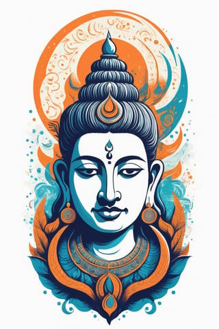 Vintage tshirt print design (on a white background:1.2), Retro Silhouette drawing of a indian shiv idol with trishul on head moon and ganges river is flowing from head the front, with colors ink pop art blackground,delicate,filigram,centered,intricate details,high resolution,4k, illustration style,Leonardo Style