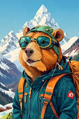 Ilustration,carton pollar capybara head, with ski goggles in which mountains are reflected,wearing a mountain jacket, withoud capybara eye,Mario Real - SDXL 1.0,more detail XL