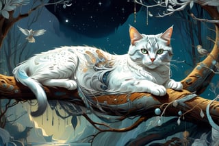 Detailed illustration of a regal cat laying on a branch, very highly detailed, intricate, magnificent, fantasy art by Android Jones, Gil Elvgren, Carne Griffiths, Victo Ngai, Amanda Clark; Silver moonscape, fantasy concept art, 8k resolution, hyperdetailed matte painting