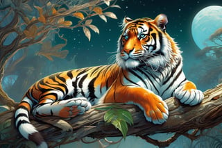 Detailed illustration of a regal tiger laying on a branch, very highly detailed, intricate, magnificent, fantasy art by Android Jones, Gil Elvgren, Carne Griffiths, Victo Ngai, Amanda Clark; Silver moonscape, fantasy concept art, 8k resolution, hyperdetailed matte painting