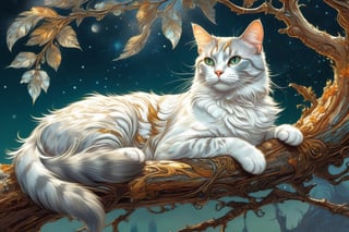 Detailed illustration of a regal cat laying on a branch, very highly detailed, intricate, magnificent, fantasy art by Android Jones, Gil Elvgren, Carne Griffiths, Victo Ngai, Amanda Clark; Silver moonscape, fantasy concept art, 8k resolution, hyperdetailed matte painting