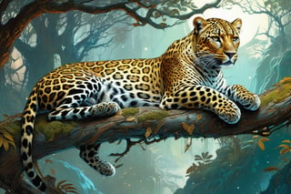 Detailed illustration of a regal leopard laying on a branch, very highly detailed, intricate, magnificent, fantasy art by Android Jones, Gil Elvgren, Carne Griffiths, Victo Ngai, Amanda Clark; Silver moonscape, fantasy concept art, 8k resolution, hyperdetailed matte painting