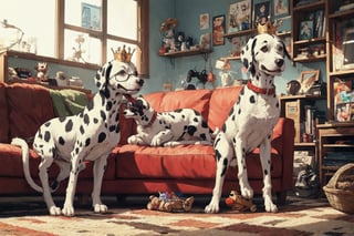 a dalmatian wearing crown, a trophy, a pet seat cushion, pet toys, Glasses, living room(best quality,masterpiece,EpicArt,xjrex,(best quality,insertNameHere, masterpiece)