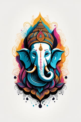 Vintage tshirt print design (on a white background:1.2), Retro Silhouette drawing of a indian ganesh idol from the front, with colors ink pop art blackground,delicate,filigram,centered,intricate details,high resolution,4k, illustration style,Leonardo Style