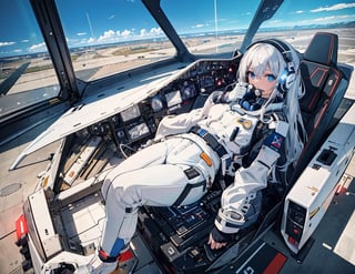 masterpiece, top quality, 1 girl, white pilot suit, headset, sitting in cockpit, operating, thumbs up, otherworldly airbase, runway, algorithmic design fighter, silver fighter, high definition, composition from above, wide shot, colorful sky, science fiction, fantastic