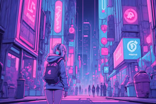 Dreampolis, hyper-detailed digital illustration, cyberpunk, single girl with techsuite hoodie and headphones in the street, neon lights, lighting bar, city, cyberpunk city, film still, backpack, in megapolis, pro-lighting, high-res, masterpiece