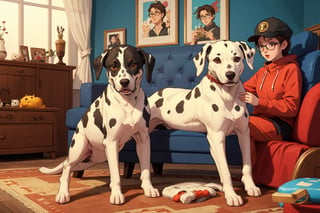 a dalmatian wearing cap, a trophy, a pet seat cushion, pet toys, Glasses, living room(best quality,masterpiece,EpicArt,xjrex,(best quality,insertNameHere, masterpiece)