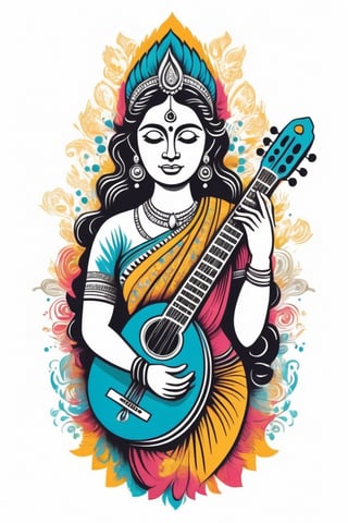 Vintage tshirt print design (on a white background:1.2), Retro Silhouette drawing of a indian saraswati idol from the front, with colors ink pop art blackground,delicate,filigram,centered,intricate details,high resolution,4k, illustration style,Leonardo Style