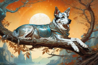 Detailed illustration of a regal dog laying on a branch, very highly detailed, intricate, magnificent, fantasy art by Android Jones, Gil Elvgren, Carne Griffiths, Victo Ngai, Amanda Clark; Silver moonscape, fantasy concept art, 8k resolution, hyperdetailed matte painting