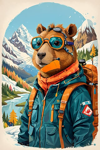 Ilustration,carton pollar capybara head, with ski goggles in which mountains are reflected,wearing a mountain jacket, withoud capybara eye,Mario Real - SDXL 1.0,more detail XL