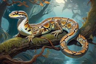 Detailed illustration of a regal python laying on a branch, very highly detailed, intricate, magnificent, fantasy art by Android Jones, Gil Elvgren, Carne Griffiths, Victo Ngai, Amanda Clark; Silver moonscape, fantasy concept art, 8k resolution, hyperdetailed matte painting