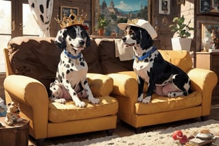 a dalmatian wearing crown, a cap, a pet seat cushion, pet toys, Glasses, living room(best quality,masterpiece,EpicArt,xjrex,(best quality,insertNameHere, masterpiece)