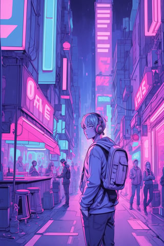 Dreampolis, hyper-detailed digital illustration, cyberpunk, single boy with techsuite hoodie and headphones in the street, neon lights, lighting bar, city, cyberpunk city, film still, backpack, in megapolis, pro-lighting, high-res, masterpiece