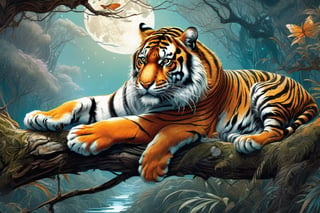 Detailed illustration of a regal tiger laying on a branch, very highly detailed, intricate, magnificent, fantasy art by Android Jones, Gil Elvgren, Carne Griffiths, Victo Ngai, Amanda Clark; Silver moonscape, fantasy concept art, 8k resolution, hyperdetailed matte painting