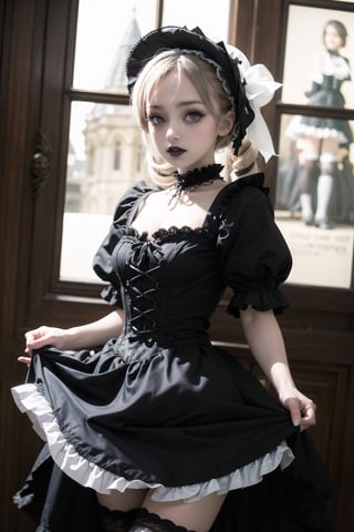 nsfw, nude, naked girl, ((Masterpiece, highest quality)), (Photoreal: 1.4)
//Character// (Gothic Lolita: 1.5), elegant black dress with white, highly detailed ruffles, bonnet over vertical rolls,
A skirt that bulges out with panniers, a white-painted face (heavy makeup 1.4), a sickly beauty,