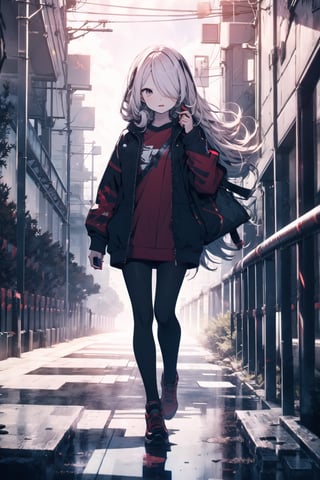 nsfw, 21yo girl, 1girl, black and white hair, red lips, full body, legs apart, long hair, eye 2 separated each eye anemtro from the face, holds a cell phone, looks at the cell phone, long clothes, red clothes, world with buildings, fate/ stay background