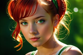 nsfw, 21yo girl, Masterpiece, Sensual graphic novel scene: A beautiful young girl, sexy curves and adorable cute face, short red hair, low twintails, green eyes, canon 8 5 mm f 1, 2 lens, depth of field, hq, filmic, dreamy, lens flare, in - focus, by Mark Arian, by Jean Giraud and Moebius, hyperrealistic, instanely detailled art