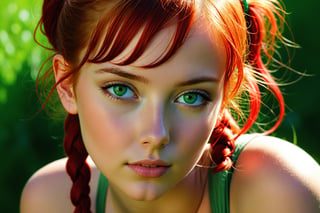 nsfw, 21yo girl, Masterpiece, Sensual graphic novel scene: A beautiful young girl, sexy curves and adorable cute face, short red hair, low twintails, green eyes, canon 8 5 mm f 1, 2 lens, depth of field, hq, filmic, dreamy, lens flare, in - focus, by Mark Arian, by Jean Giraud and Moebius, hyperrealistic, instanely detailled art