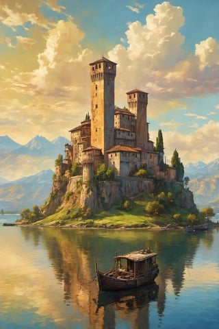 (Oil painting:1.3) of a wonderful (medieval castle in Italy:1.4), island in the middle of a lake, castle full view closeup from the lake shore, (in the open:1.2), 14th century, (golden ratio:1.3), (medieval architecture:1.3), (mullioned windows:1.3), (brick wall:1.1), (towers with merlons:1.2), (broad sky view:1.2), beautiful blue sky with imposing cumulonembus clouds, small boats, BREAK, (aerial view:1.2), in the style of Jack Kirby, (soft diffused lighting:1.2), vignette, highest quality, original shot. BREAK Front view, well-lit, (perfect focus:1.2), award winning, detailed and intricate, masterpiece, itacstl,Comic Book-Style 2d,art_booster,ink ,oil paint