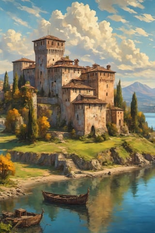 (Oil painting:1.3) of a wonderful (medieval castle in Italy:1.4), island in the middle of a lake, castle full view closeup from the lake shore, (in the open:1.2), 14th century, (golden ratio:1.3), (medieval architecture:1.3), (mullioned windows:1.3), (brick wall:1.1), (towers with merlons:1.2), (broad sky view:1.2), beautiful blue sky with imposing cumulonembus clouds, small boats, BREAK, (aerial view:1.2), in the style of Jack Kirby, (soft diffused lighting:1.2), vignette, highest quality, original shot. BREAK Front view, well-lit, (perfect focus:1.2), award winning, detailed and intricate, masterpiece, itacstl,Comic Book-Style 2d,art_booster,ink ,oil paint