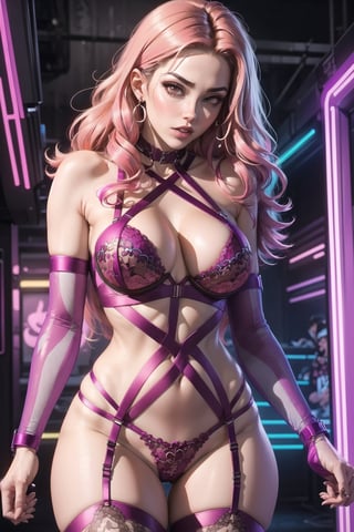 nsfw, nude, naked girl, bondage harness, 1 girl, symmetrical face, perfect brown eyes, sparks, lingerie, sexy lingerie, lace lingerie, stockings, garter_strap, (female hair made of fine multicolored neon:1.5), (long thin hair made of multicolored neon strands flowing down the body), (in a colorful night club:1.2), perky natural breasts, midriff, skinny, natural hip, (sexy pose, dynamic pose), (strip club), ultra high resolution, 8k, HDr, art, high detail,underwear