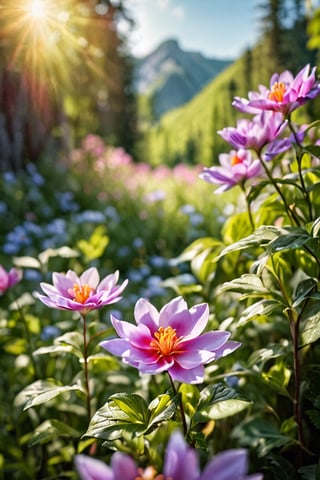 (best quality,8K,highres,masterpiece), ultra-detailed, outdoor, flower, a vibrant flower bathed in sunlight, set against a scenic outdoor backdrop. The flower is captured with a shallow depth of field, creating a blurry background that accentuates its beauty. Surrounding the flower are lush green leaves and branches, adding to the natural scenery and still life composition. The image evokes a sense of tranquility and serenity, inviting viewers to immerse themselves in the beauty of the outdoors.