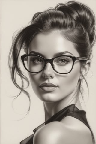 pencil Sketch of a beautiful young woman, with black hair, elegant updo hairstyle, glasses, alluring, portrait by Charles Miano, pastel drawing, illustrative art, soft lighting, detailed, more Flowing rhythm, elegant, low contrast, add soft blur with thin line, three quarter pose, red theme