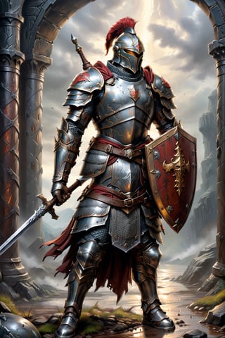 dystopian art, oil painting, soldier with armor standing in the dungron, ((( holding a his sword and shield ))), epic fantasy character art, concept art ,armor, helmet axe, gauntlets, DnD, in the style of realistic and hyper-detailed renderings, 8k, detailed eyes, epic, dramatic, fantastical, full body, intricate design and details, dramatic lighting