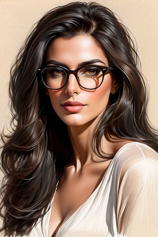 pencil Sketch of a beautiful mature Arabian woman, with long thick dark brown hair, black rimmed glasses, alluring, portrait by Charles Miano, pastel drawing, illustrative art, soft lighting, detailed, more Flowing rhythm, elegant, low contrast, add soft blur with thin line, 