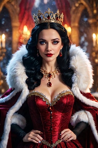 (best quality,8K,highres,masterpiece), ultra-detailed,1girl, Evil Queen of hearts,long hair,looking at viewer, Evil grin,blue eyes,black hair,dress,cleavage,jewelry,medium breasts,upper body,earrings,necklace,cape,lips,fur trim,makeup,crown,lipstick,gem,snow,eyeshadow,snowing,realistic