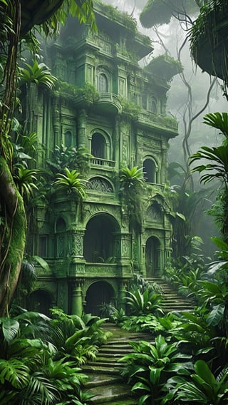 (Masterpiece),best quality,8k,hd,fantasy, a ghoslty pale green jungle,the dense fog,mysterious,jungle,lush and green,omnious,foreboding,Architectural100