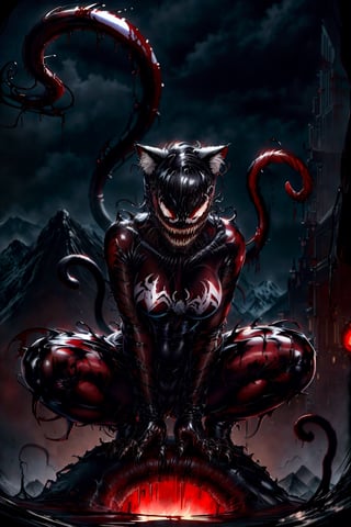 A cat neko girl as venom in a mountain ,CARTOON_MARVEL_she_venom_ownwaifu,CarnageStyle,venom, (blood_red:1.5)