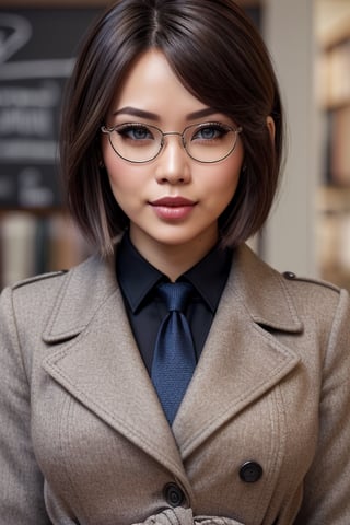 masterpiece, best quality, 1 female, (colorful), (finely detailed beautiful eyes with eyeglasses and detailed face, detailed eyes and face with soul patch, perfect anatomy. facing front center, half body shot below the waist, wearing a coat and tie, professional office background, extremely detailed CG unity 8k wallpaper, short undercut hair, filipina, muscular build
