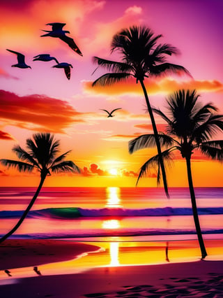 An absolutely mesmerizing sunset on the beach, with a mix of orange, pink, and yellow in the sky. The water is crystal clear, gently kisses the coast, and the white sand is endless. The scene is dynamic and breathtaking, with seagulls soaring high in the sky and palm trees swaying softly. Immerse yourself in the calm atmosphere and let the serenity surround you.