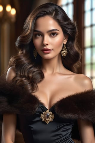 best quality, masterpiece,								
The beautiful Colombian model, her long wavy dark brown hair flowing elegantly, perfectly embodies the intertwining of Art Nouveau's flowing lines with Gothic's enigmatic depth, all while donning a fashionable tight off-the-shoulder black dress. This contemporary piece is artfully paired with a fur trim capelet, adding a touch of opulence. Her look is further elevated by sophisticated fashion accessories, making her the epitome of a glamorous Hollywood star, seamlessly blending historical elegance with modern flair.
ultra realistic illustration,siena natural ratio, by Ai Pic 3D,	16K, (HDR:1.4), high contrast, bokeh:1.2, lens flare,	head to toe,	digital art, ultra hd, realistic, vivid colors, extremely detailed, photography, ultra hd, realistic, vivid colors, highly detailed, UHD, perfect composition, beautiful detailed intricate insanely detailed octane render trending on artstation, 8k artistic photography, photorealistic concept art, soft natural volumetric cinematic perfect light.