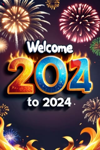 typography "Welcome to 2024" realistic flames, and fireworks