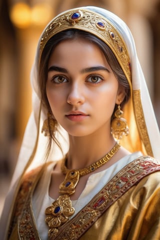 A portrait of a Byzantine style girl with golden background,front view,(masterpiece, top quality, best quality, official art, beautiful and aesthetic:1.2), (1girl:1.4), portrait, extreme detailed, highest detailed, simple background, 16k, high resolution, perfect dynamic composition, bokeh, (sharp focus:1.2), super wide angle, high angle, high color contrast, medium shot, depth of field, blurry background,,itacstl