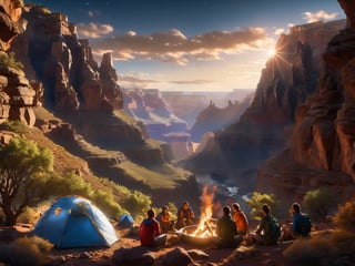 (((Masterpiece))), (((professional photography))), (Camping within the Grand Canyon),((ground perspective shot,)), (((family camping in the GRAND CANYON at sunset)), children are playing around the campfire and the light reflects off the tents from the setting sun, beautiful complex rock formations surround the family, complex 3d render, intricate reflections, ultra-detailed, HDR, Hyperrealism, sharp focus, Panasonic Lumix s pro 50mm, 8K, octane rendering, raytracing, (((professional photography))), high definition, photorealism, hyper-realistic, bokeh, depth of field, dynamically backlit, sharp edges, studio, vibrant details, ((professional Color grading)), photorealistic ,Movie Still,Renaissance Sci-Fi Fantasy