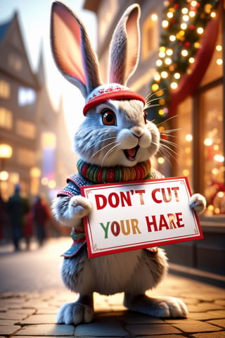 (((masterpiece))), ((Angry rabbit)), (((holding a sign with the text: "Dont cut your hare"))), ((background:rabbits protesting with signs)), complex 3d render, intricate reflections, ultra-detailed, HDR, Hyperrealism, Panasonic Lumix s pro 50mm, 8K, octane rendering, raytracing, (((professional photography))), high definition, photorealism, hyper-realistic, bokeh, depth of field, dynamically backlit,  studio, vibrant details, ((professional Color grading)), photorealistic ,detailmaster2,photorealistic, sharp edges,  sharp focus ,christmas,happy_christmas_background,aw0k euphoric style,Text