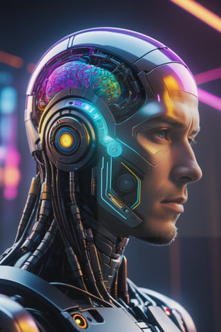 (((Masterpiece))), cyborg human with the top of his head is missing, a psychedelic colored brain is exposed inside his skull, colored lights emanate from the crevices of the cyborg brain,  complex 3d render, intricate reflections, ultra-detailed, HDR, Hyperrealism, sharp focus, Panasonic Lumix s pro 50mm, 8K, octane rendering, raytracing, (((professional photography))), high definition, photorealism, hyper-realistic, bokeh, depth of field, dynamically backlit, sharp edges, studio, vibrant details, ((professional Color grading)),CyberpunkWorld,cyberpunk style